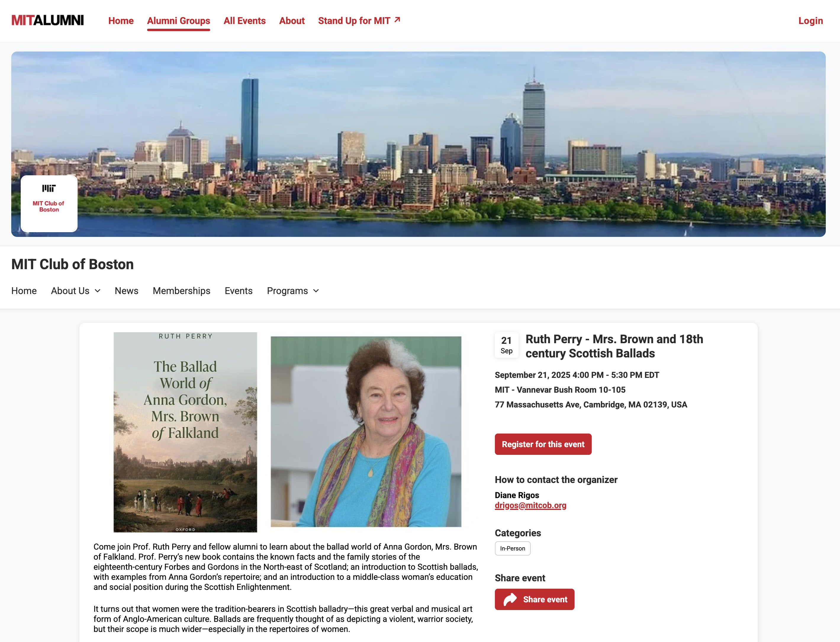 Sept 21 | MITCOB presents, Ruth Perry <em>Mrs. Brown of Falkland</em> and 18th century Scottish Ballads